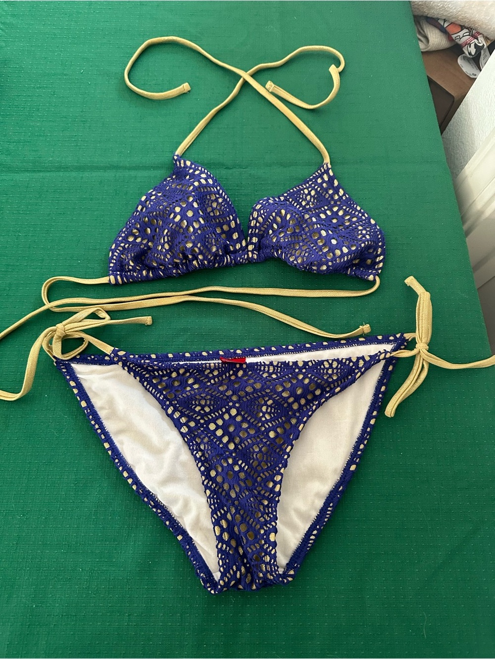 BONGO Blue Crochet Triangle Bikini with Yellow Ties